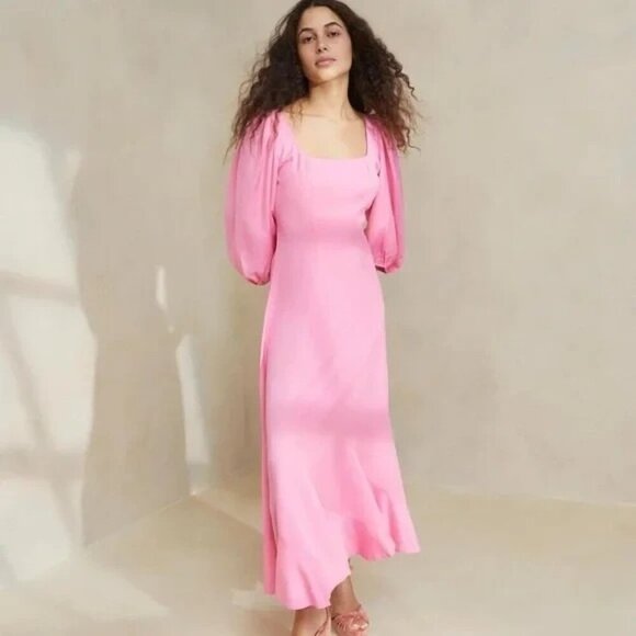 Loeffler Randall NWT Linen Carmina Curve Seam Long Sleeve Dress Bubblegum Pink - Picture 1 of 11